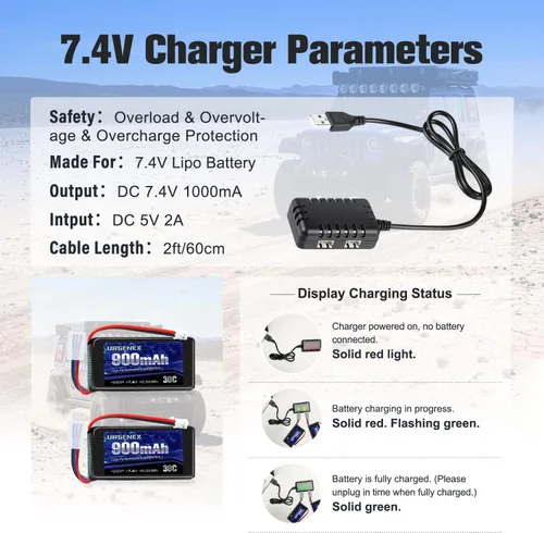 Miniatura 5 de Batería SCX24 7.4V Lipos 2S 30C (60C) Batería de litio recargable de 900 mAh con enchufe PH2.0 compatible con la mayoría de camiones RC a escala