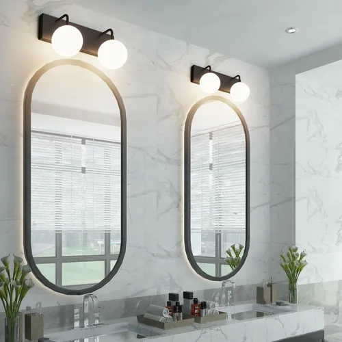 Miniatura 4 de Tipace Lámpara de tocador negra, 2 luces modernas sobre espejo con globo blanco leche blanca para baño (excluye bombilla)