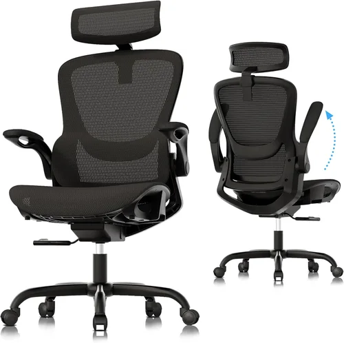 GABRYLLY Silla de oficina ergonómica de malla, silla de escritorio ajustable para el hogar con reposabrazos plegable, reposacabezas 2D, asiento Negro