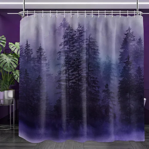 Miniatura 20 de Cortina de ducha estrecha para hombre, diseño de bosque negro y gris, para casa rodante, juego de decoración de baño, tela impermeable con ganchos