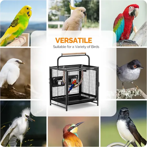 Miniatura 8 de VINGLI Jaula para pájaros pequeños, jaula de viaje de 19 pulgadas con asa, jaula de periquitos de hierro forjado con perca de madera para loros