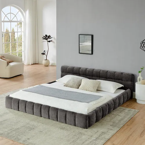 Miniatura 19 de Base de cama tapizada tamaño California King con tela de felpilla gruesa, cama de plataforma con cabecero copetudo, marco de madera maciza, diseño