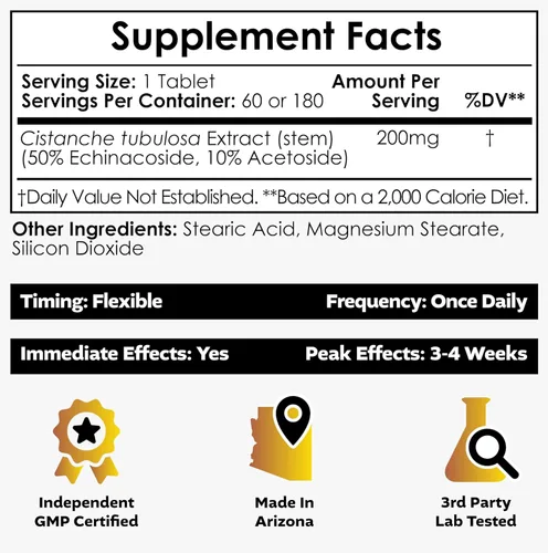 Miniatura 2 de Nootropics Depot Cistanche tubulosa Tabletas 200 mg 180 unidades Mínimo 50% equinacosido + 10% acetósido (verbascósido) Promueve la fuerza