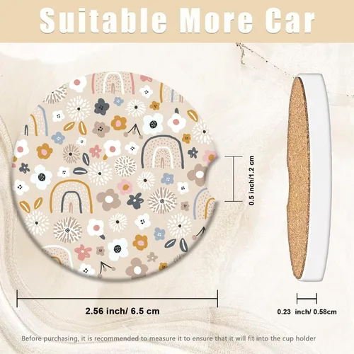 Miniatura 2 de Posavasos de automóvil con diseño de arcoíris y flores beige para portavasos de automóvil, paquete de 2 posavasos para mujeres y hombres, 2.56