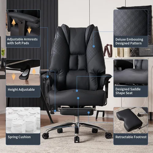 Miniatura 3 de EXCEBET Silla de oficina grande y alta de 400 libras de ancho, silla de oficina ejecutiva de cuero con respaldo alto con reposapiés, sillas Negro