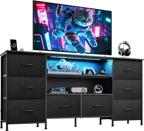 Miniatura 11 de WLIVE Mueble Tocador para TV de 50, 55, 60 pulgadas, Centro de Entretenimiento con Luces LED y Cajones de Tela, Tocador Mueble para TV