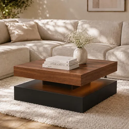 Miniatura 11 de Mesa auxiliar LED para sala de estar, mesa central cuadrada moderna de 2 niveles con luces de sincronización de música, superficie de alto brillo