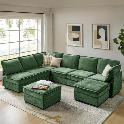 Miniatura 23 de HULALA HOME Sofá seccional modular, sofá grande en forma de U de 8 asientos con otomano de almacenamiento, sofá cómodo de chenilla con asiento
