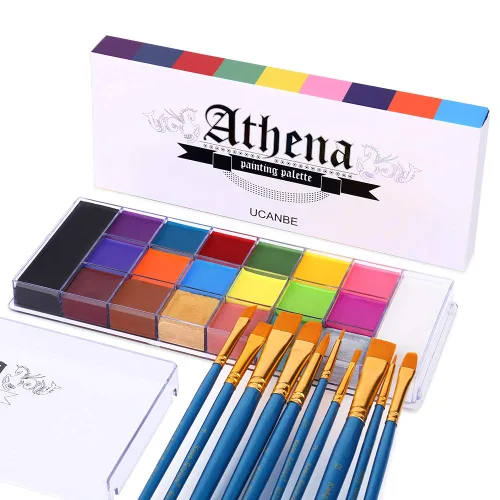 UCANBE Juego de pintura facial y corporal, paleta de pintura Athena, 10 pinceles profesionales para artistas, bandeja grande y profunda, ideal para