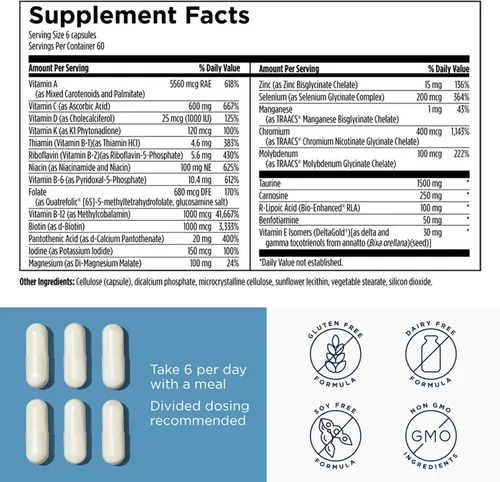 Miniatura 6 de Designs for Health Metabolic Synergy - Suplemento multivitamínico y mineral con cromo, zinc, selenio, ácido R-lipoico, vitaminas y más (360 cápsulas)