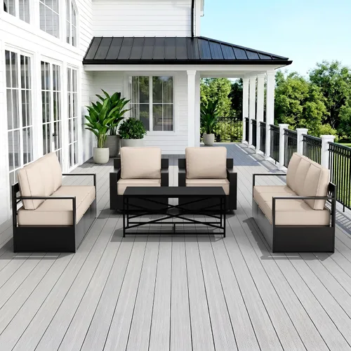 Miniatura 19 de Muebles de Patio al Aire Libre de Aluminio, Sillas de Metal para Todo Clima con Cojines de 6 Pulgadas de Grosor, Asiento Profundo para Jardín, Beige