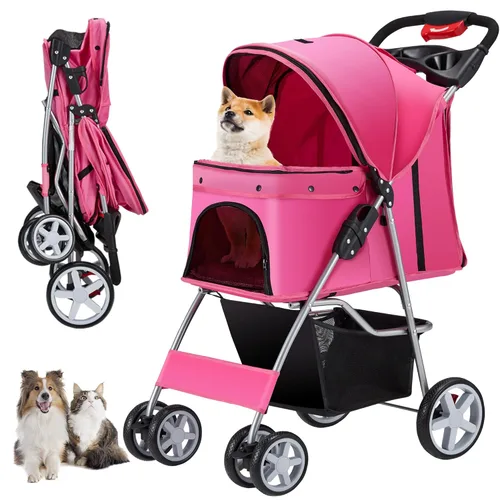 Unisakey Cochecito para mascotas de 4 ruedas para perros pequeños y medianos y gatos, 10 a 33 libras, cochecito plegable para perros y gatos con Rosa