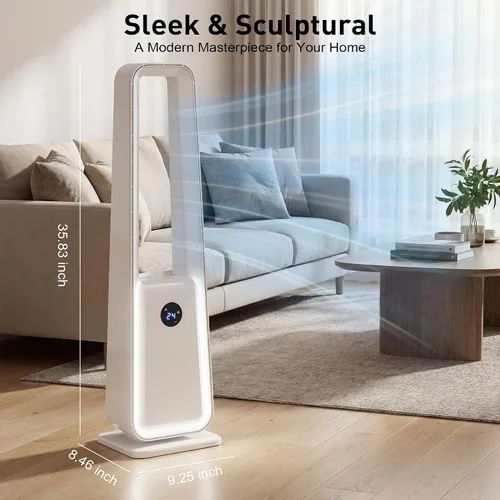 Miniatura 8 de Ventilador de torre sin aspas de 36 pulgadas para dormitorio, potente ventilador de pie de 25 pies con control remoto, 4 colores LED, 12