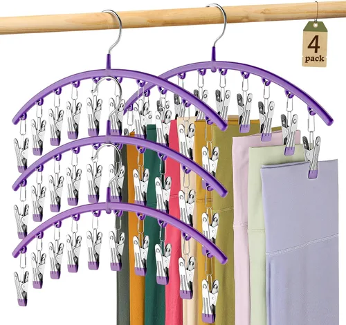 Miniatura 9 de Organizador de leggings para armario, colgador de metal para pantalones de yoga con revestimiento de goma, paquete de 2 con 10 clips para 20 Morado