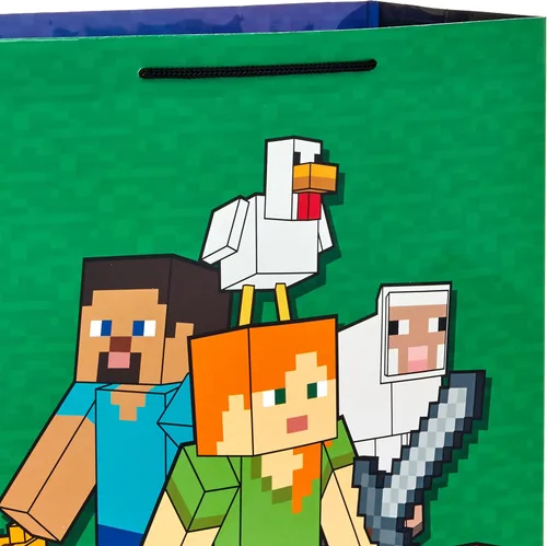 Miniatura 7 de Hallmark Paquete de bolsa de regalo Minecraft (2 bolsas: bolsa azul grande de 13 pulgadas, 15 pulgadas extra grande verde) para cumpleaños, Navidad