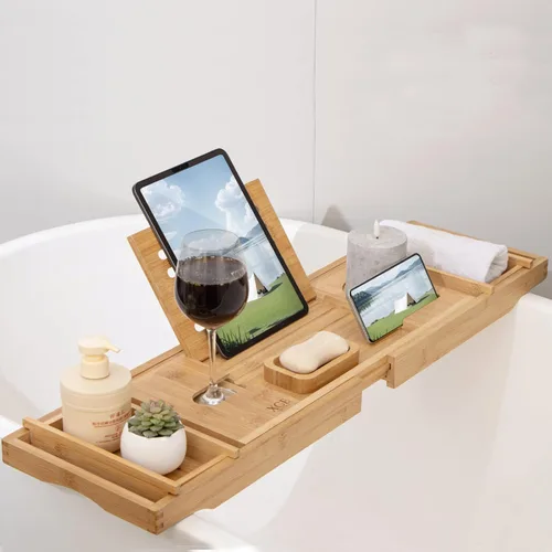 Miniatura 6 de XcE Bandeja de bambú para bañera, expandible hasta 41 pulgadas con soporte para libros, soporte para jabón y almohadillas antideslizantes para spa