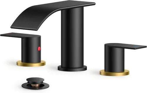Miniatura 16 de FORIOUS Grifos de baño negros y dorados, cascada de 4 pulgadas con drenaje desplegable de metal y manguera cUPC para lavabo, tocador, RV, pedestal