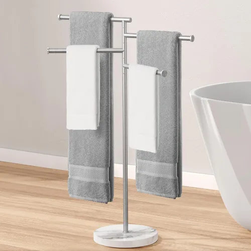 Miniatura 12 de KES Toalleros de pie para suelo de baño, giratorios, independientes, 2 brazos, con base de mármol pesada, acabado cepillado de acero inoxidable