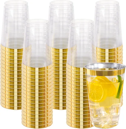 Miniatura 10 de I00000 Paquete de 100 vasos de plástico dorados de 14 onzas, vasos desechables de plástico con purpurina dorada, copas de vino desechables, copas