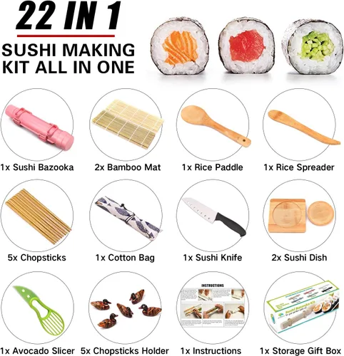 Miniatura 2 de SmileTools Kit de Fabricación de Sushi para Principiantes - Juego de 22 Piezas para Hacer Sushi con Esterilla de Bambú, Bazooka de Sushi, Cuchillo