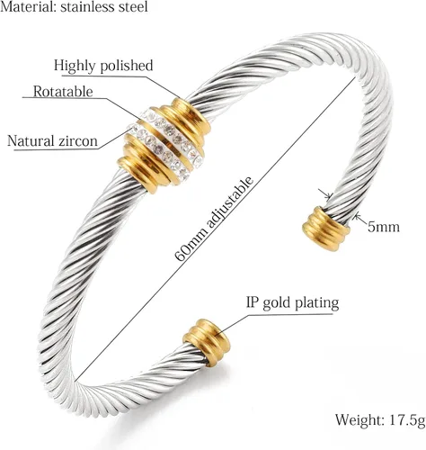 Miniatura 3 de Tiyad Pulsera de cable de acero inoxidable vintage con alambre trenzado compuesto abierto, pulsera ajustable para mujeres y hombres, niñas