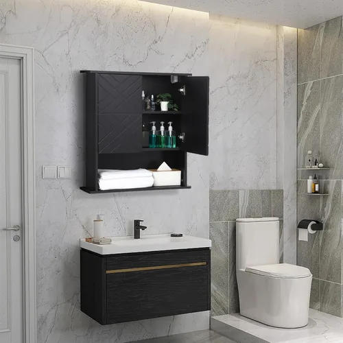 Miniatura 2 de GAOMON Botiquín con dos puertas, armario de almacenamiento de madera para baño montado en la pared con estante ajustable y toallero, gabinete de 2