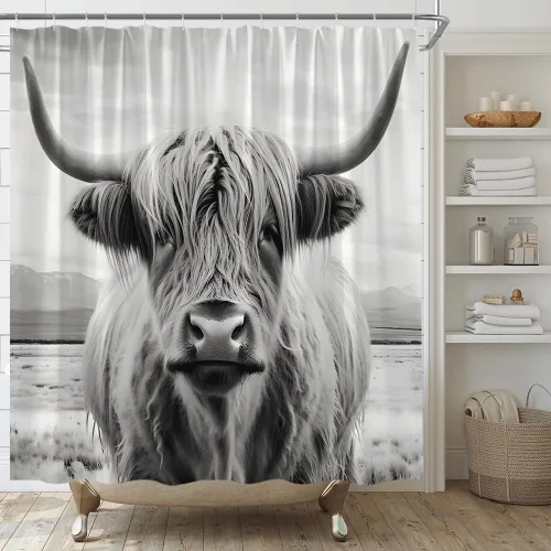 Miniatura 7 de Cortina de ducha con estampado de vaca, piel de vaca negra y blanca, divertida piel de granja de animales de granja, estilo occidental, tela Negro