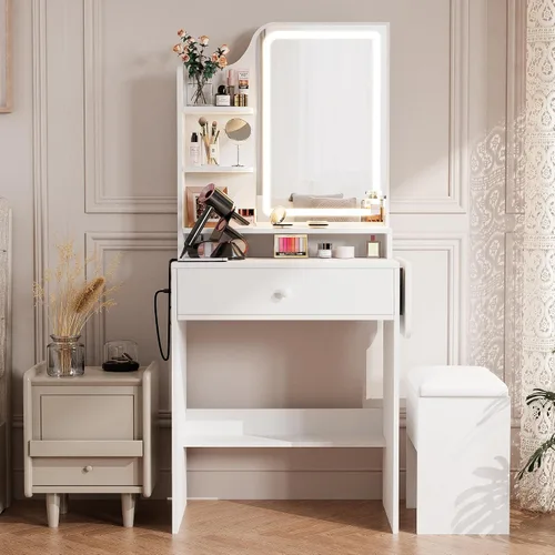 Miniatura 7 de Haewon Pequeño tocador con espejo y luces, tocador de maquillaje con estación de carga, juego de tocador compacto con silla de almacenamiento, cajón