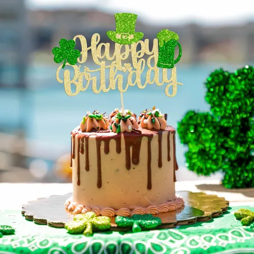 Miniatura 6 de Gyufise 1 decoración para pastel del día de San Patricio, trébol verde con purpurina de cuatro hojas, decoración de pastel de cumpleaños, decoración