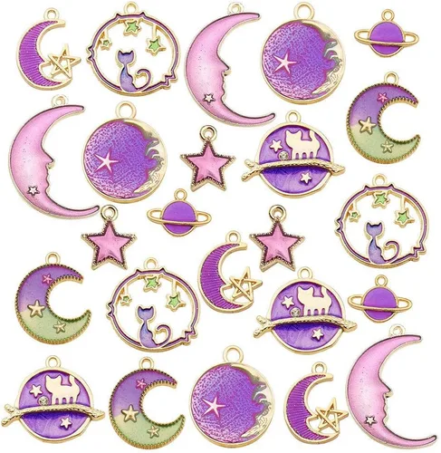 24 piezas surtidas de dijes esmaltados chapados en oro con forma de gato, luna, estrella y celestial, para collares, pulseras, pendientes y Púrpura