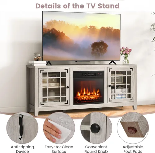 Miniatura 9 de Tangkula - Soporte para TV con chimenea para televisor de 65 pulgadas, consola de TV de 58 pulgadas con chimenea eléctrica de 1400W, estantes Natural