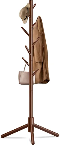 Miniatura 11 de Unisakey Perchero de madera duradero, perchero independiente con base triangular estable, 8 ganchos y 3 alturas ajustables, montaje simple para Negro