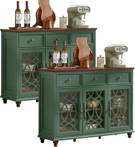 Miniatura 36 de Joaxswe Aparador de estilo rústico con almacenamiento, credenza grande de 59 pulgadas con 4 puertas de vidrio y 2 cajones, estantes ajustables, mesa