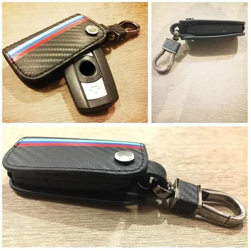 Miniatura 3 de iJDMTOY Emblemático llavero de cuero con patrón de fibra de carbono negro de 3 colores con llavero compatible con el mando a distancia BMW