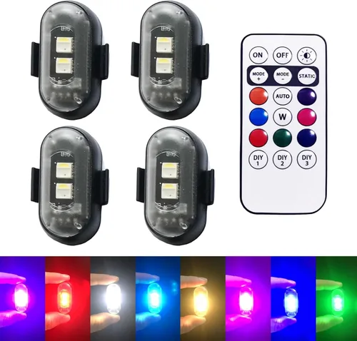 4 luces estroboscópicas LED RGB inalámbricas con control remoto, 8 colores, 10 modos, recargable por USB, impermeable, anticolisión, luz de