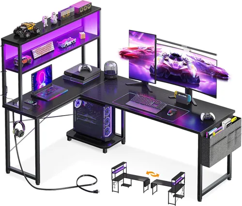 Miniatura 12 de AODK Escritorio en forma de L para juegos con luz LED y toma de corriente, mesa de computadora reversible en forma de L de 53 pulgadas con estante