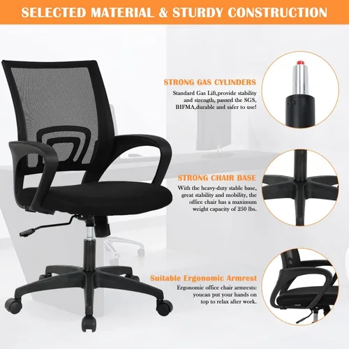 Miniatura 3 de Silla de malla para computadora, silla de oficina en casa, silla de escritorio ergonómica con soporte lumbar y reposabrazos, silla de trabajo