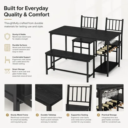Miniatura 5 de 4 EVER WINNER Juego de mesa de comedor negra para 4 personas con banco, juego de mesa de cocina y sillas de 55 pulgadas con estante para vino