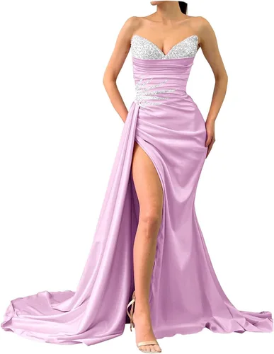 Vestido de fiesta sin tirantes con lentejuelas para mujer, de satén, largo, formal, vestido de fiesta de noche, vestido de novia con abertura