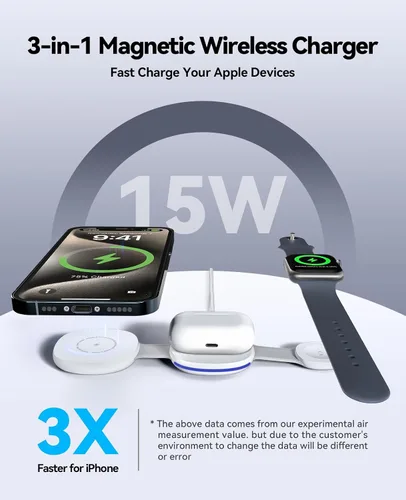 Miniatura 3 de Estación de carga inalámbrica para iPhone, cargador magnético 3 en 1, múltiples dispositivos para Apple, carga rápida de 15 W, almohadilla de carga