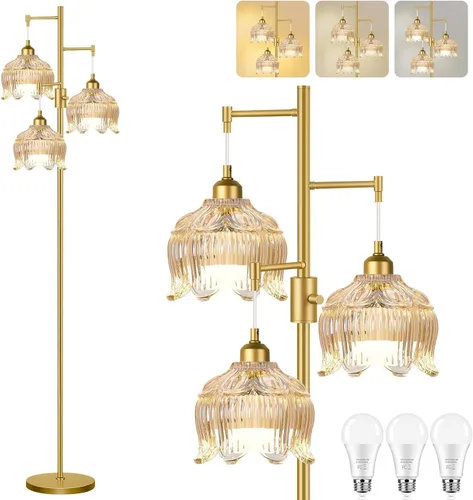 Miniatura 12 de Lámparas de pie doradas para sala de estar lámpara de pie vintage con forma de L de vidrio y tres bombillas led, lámpara de pie verde de latón