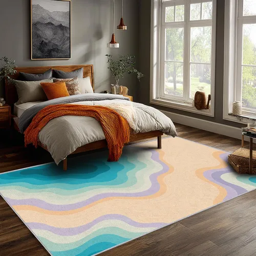 Miniatura 7 de Abstract Mid Century Rug 2x3 ft, Teal Aqua Contour Wave Washable Area Rug, Soft Low Pile Non Slip Modern Rug for Living Room Bedroom Dining Room