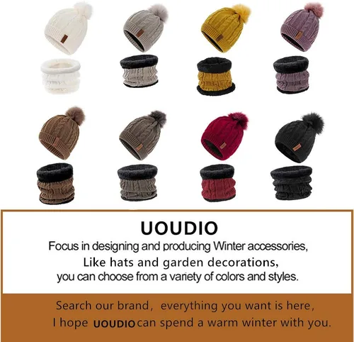 Miniatura 6 de UOUDIO Conjunto de gorro de punto con pompones para mujer y hombre gorro de esquí de invierno gorro de calavera holgado con forro polar
