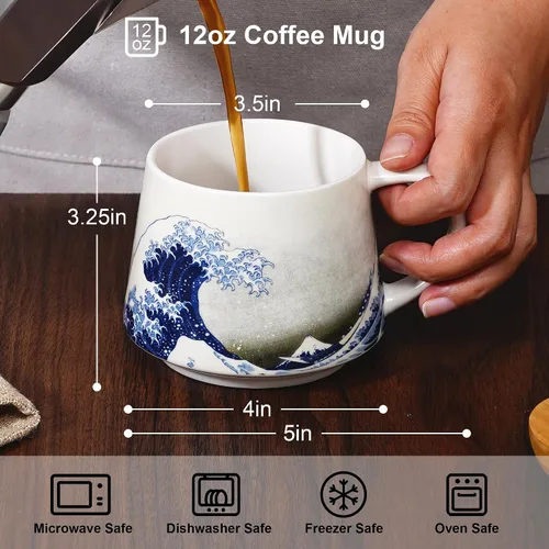Miniatura 2 de Topadorn Taza de Cerámica de Porcelana Taza de Café The Great Wave Taza de Café con Caja de Regalo, 13 oz.