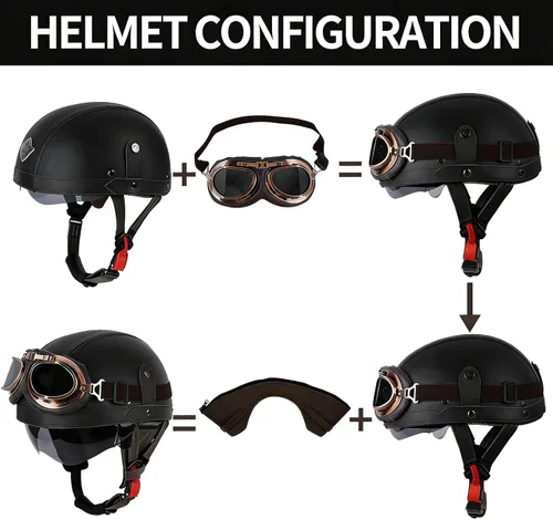 Miniatura 5 de Casco de motocicleta de estilo alemán, casco de cuero retro, aprobado por el DOT, para adultos, hombres y mujeres, casco de media cara vintage