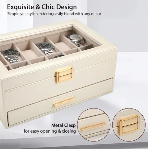 Miniatura 2 de Voova - Organizador de cajas de joyería para relojes para hombres y mujeres, 2 capas grandes con 12 ranuras, estuche de almacenamiento de relojes