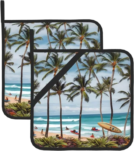 Miniatura 8 de Juego de 2 soportes para ollas resistentes al calor, para cocinar en el microondas, surfista hawaiano en soportes ondulados para ollas para horno