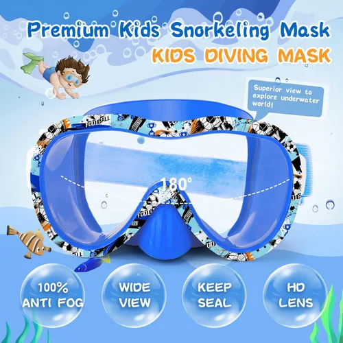 Miniatura 2 de Gafas de natación para niños con cubierta para la nariz, máscara de esnórquel panorámica de 180° con diseño antivaho y antifugas, correa de tela
