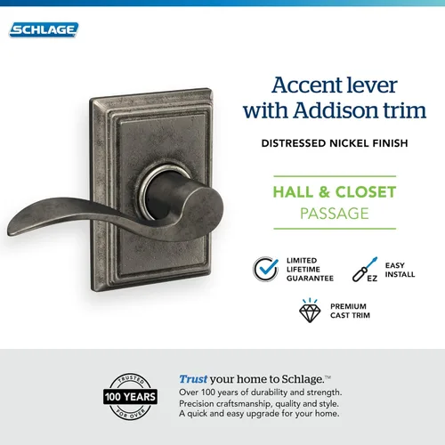 Miniatura 2 de Empresa de cerraduras SCHLAGE - Manija Accent con moldura Addison para pasillos y armarios en níquel desgastado (F10 ACC 621 ADD)