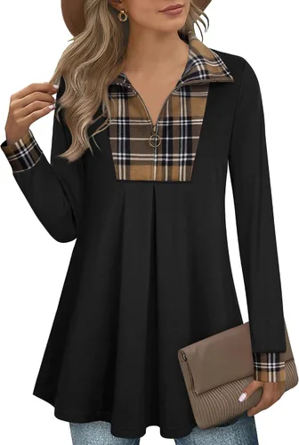 Timeson - Sudadera para mujer tipo túnica de manga larga, cuello de solapa, cremallera corta y diseño de cuadros